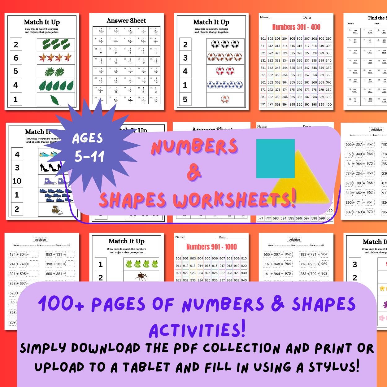 Numbers & Shapes Kids Printable Worksheets Bundle