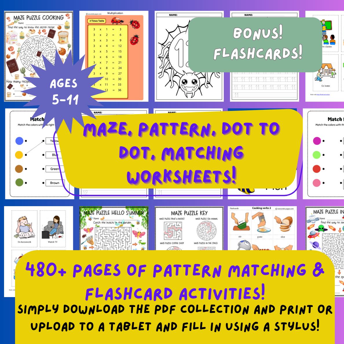 Maze, Pattern & Matching Kids Printable Worksheet Bundle